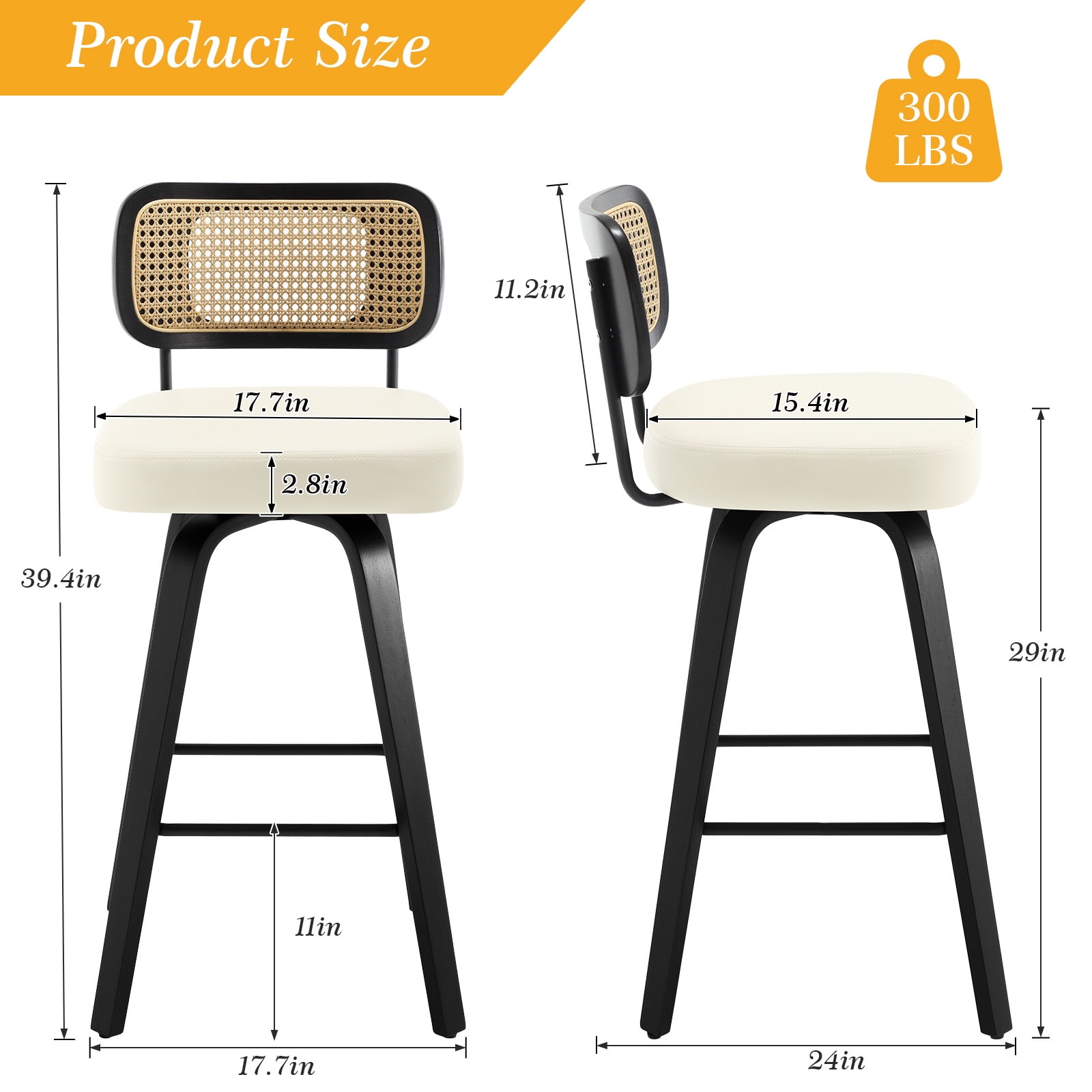 Swivel Counter Height Bar Stools, Set of 4, 29" Seat Height Upholstered PU Leather Barstools with Rattan Back Wood Legs for Home Kitchen Island, Cream White