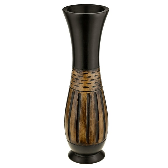 AeraVida Nature Inspired Native Versatile Hand Carved Lines Brown and Black Mango Tree Wooden Flower Vase Tropical Home Decor Gifts
