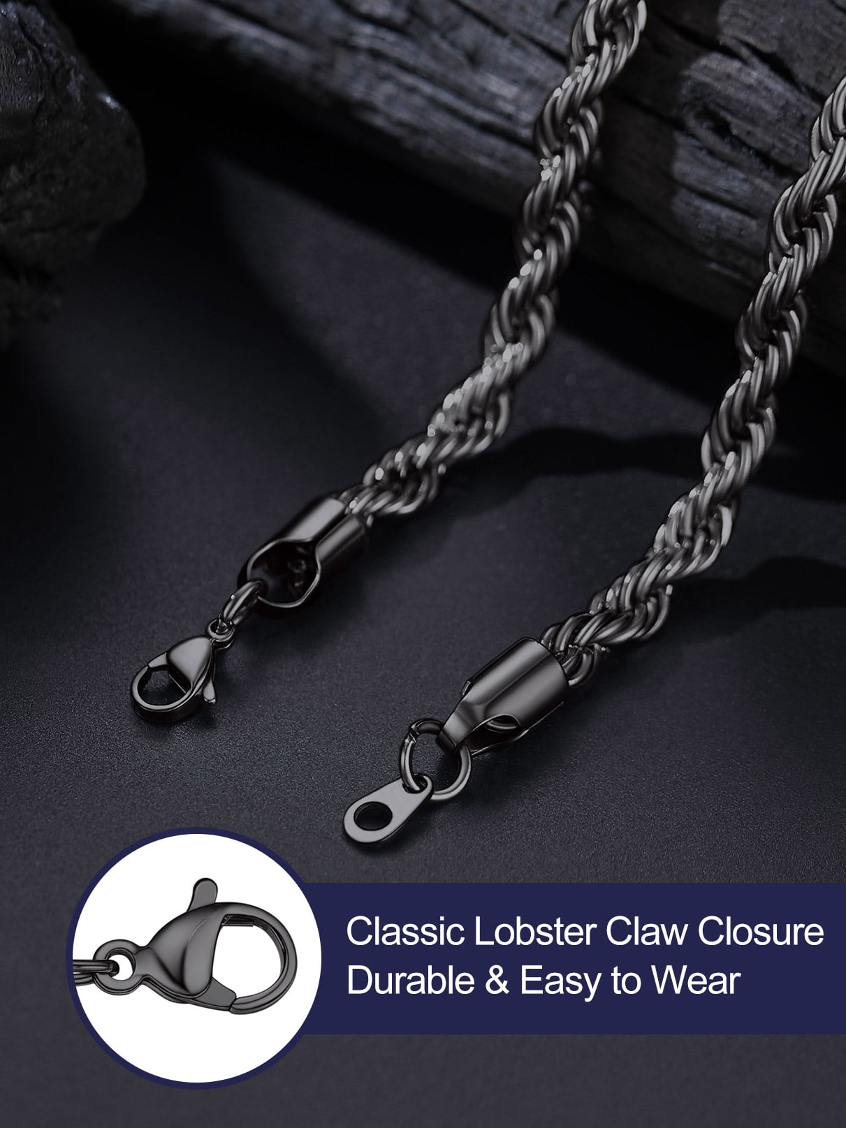 Bandmax 6MM Black Men Rope Chain Necklace 22 Inch Hypoallergenic Stainless Steel Chunky Cable Twisted Chain for Men Women Jewelry Gift