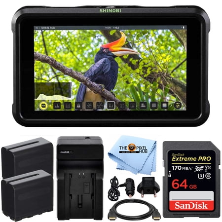 Atomos Shinobi 5.2" 4K HDMI Monitor ATOMSHBH01 + 2 Batteries and Charger, Sandisk Extreme Pro 64GB, HDMI Cable Bundle