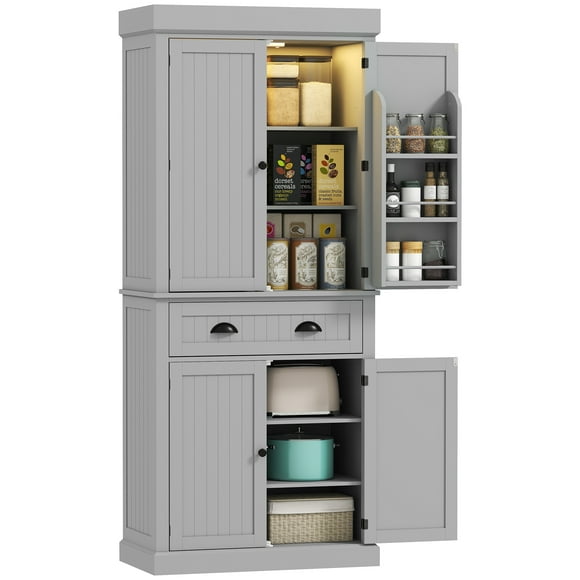 HOMCOM 71" Kitchen Pantry Cabinet with Spice Racks and LED Lights, Grey