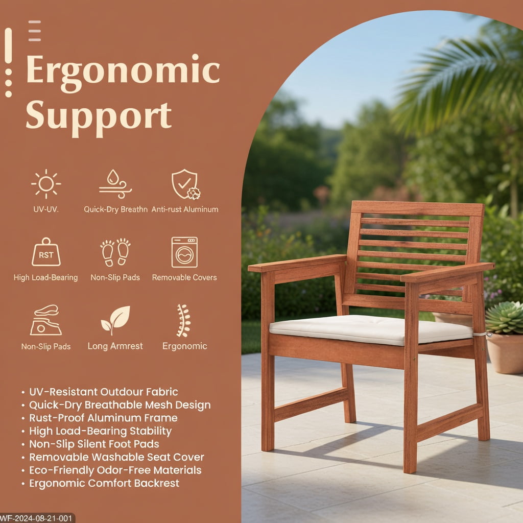 Hommoo 2-Pack Solid Wood Patio Dining Chairs with Off-White Cushions, Breathable Slatted Seat, Ergonomic Design for Backyard, Balcony & Poolside, Natural