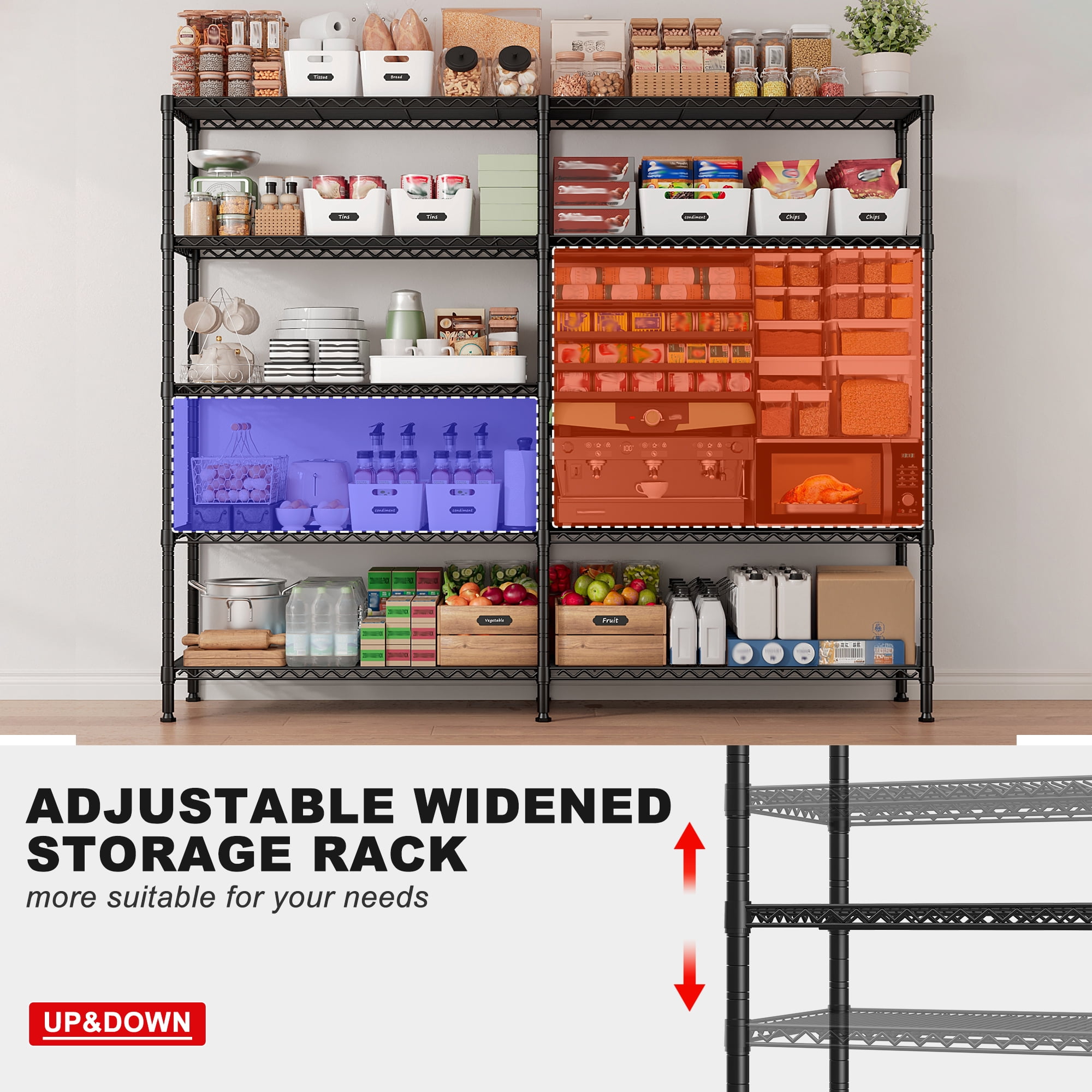 EnHomee Adjustable 5-Tiers Metal15.70"W x 15.70"D x 72.40"H Storage Shelves, Holds up to 1400 lb Maximum Load Weight, Black