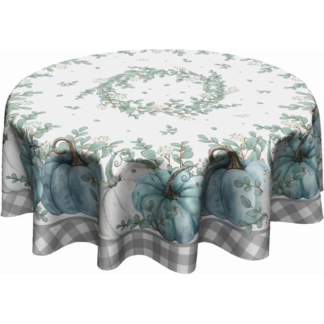 Blue Pumpkin Tablecloth Round 60 Inch Autumn Harvest Washable Reusable Thanksgiving Table Cover for Kitchen Dining Holiday Tabletop Decor