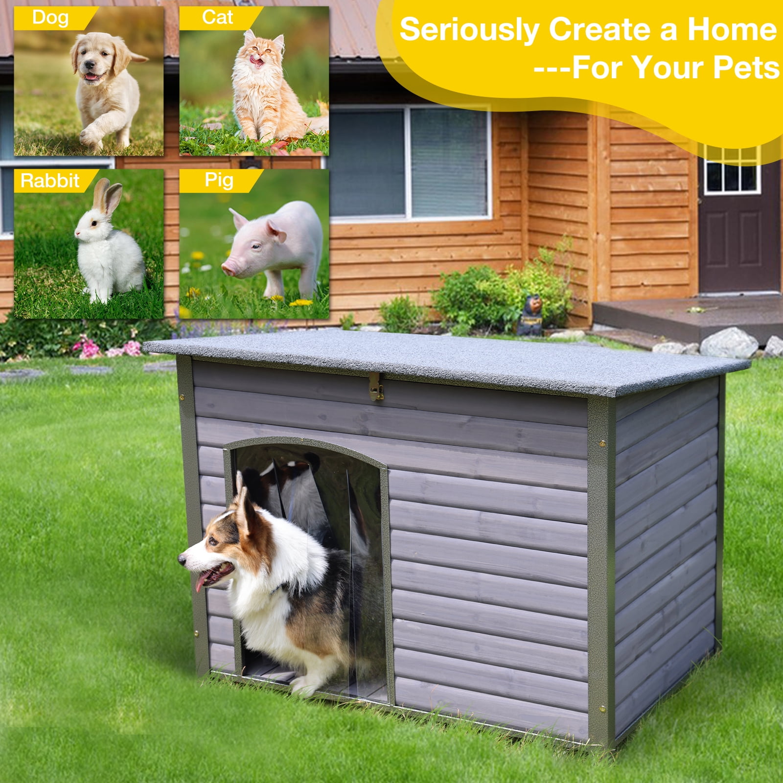 Aivituvin Indoor Outdoor Dog House,Anti-Chewing Iron Frame Dog Kennel,Wood Warm Pets Home,Weatherproof Outside Shelter