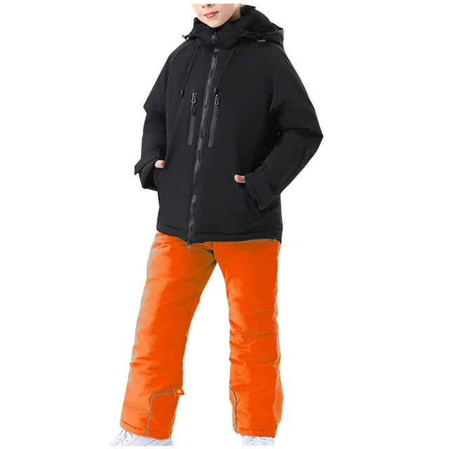 4-16 Years Kid's Solid Color Girls Boys Ski Suit Windproof Warm Solid Color Skiing Set Orange