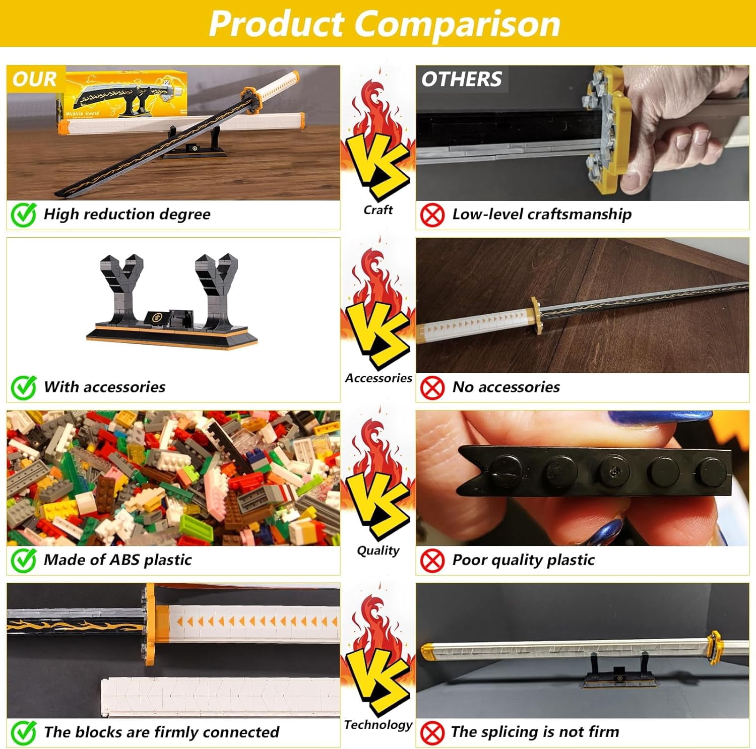 Zenitsu Sword Building Set, 38.8in Demon Sword Set with Scabbard and Stand, Cosplay Anime Samurai Sword, Handmade Katana Toy Sword for Adults and Kids 8+