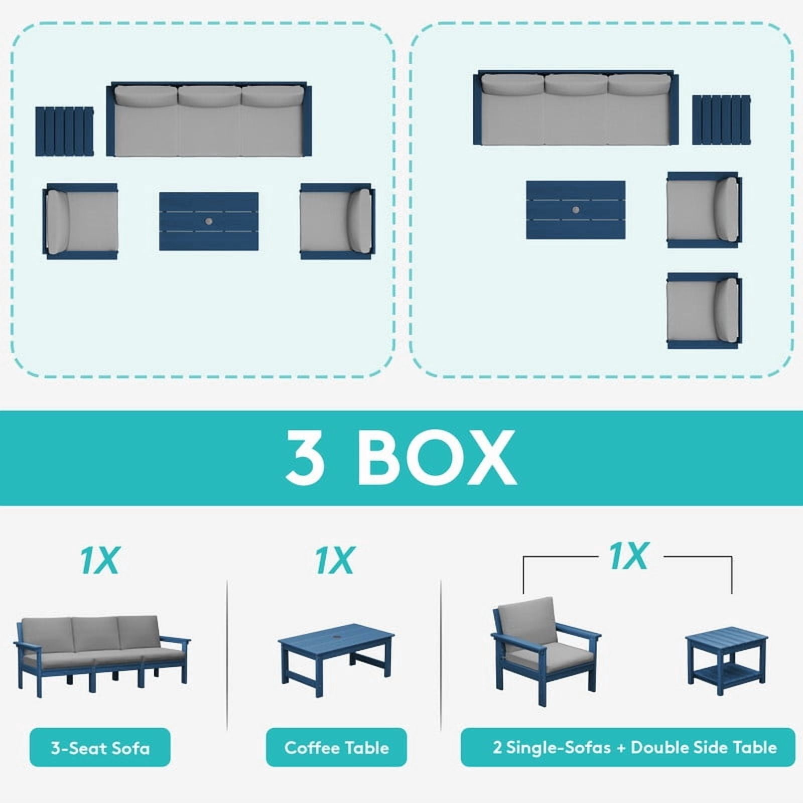 FUNDAZE Oversize 5 Pieces Patio Furniture Sets, Waterproof HDPE Frame Outdoor Conversation Sets Perfect for Patio, Poolside & Backyard, Navy Frame with Gray Cushion