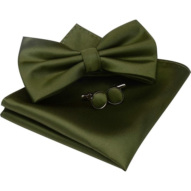 LAICAIW Mens Solid Color Double Fold Pre-tied Bow Tie and Pocket Square Cufflink Set with Gift Box