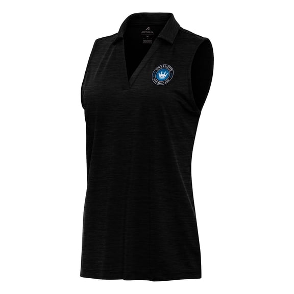 Women's Antigua Heather Black Charlotte FC Layout Sleeveless Polo