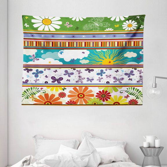 Summer Tapestry, Colorful Striped Daisy Flowers Butterflies Sun Clouds Vivid Playroom Kids Pattern, Wall Hanging for Bedroom Living Room Dorm Decor, 80W X 60L Inches, Multicolor, by Ambesonne