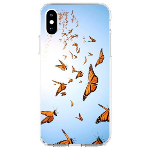 DistinctInk Clear Shockproof Hybrid Case for iPhone X / XS (5.8" Screen) - TPU Bumper, Acrylic Back, Tempered Glass Screen Protector - Flying Monarch Butterflies