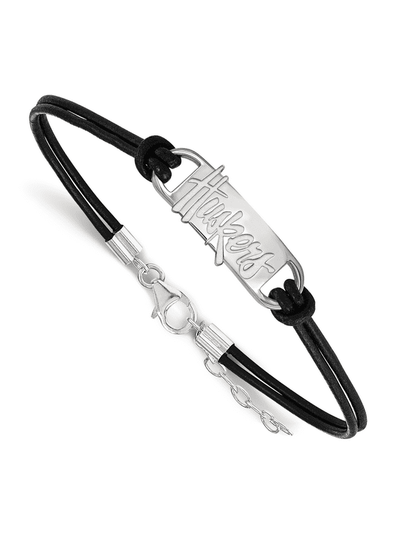 Sterling Silver LogoArt Rhodium-plated University of Nebraska Small Leather Bracelet
