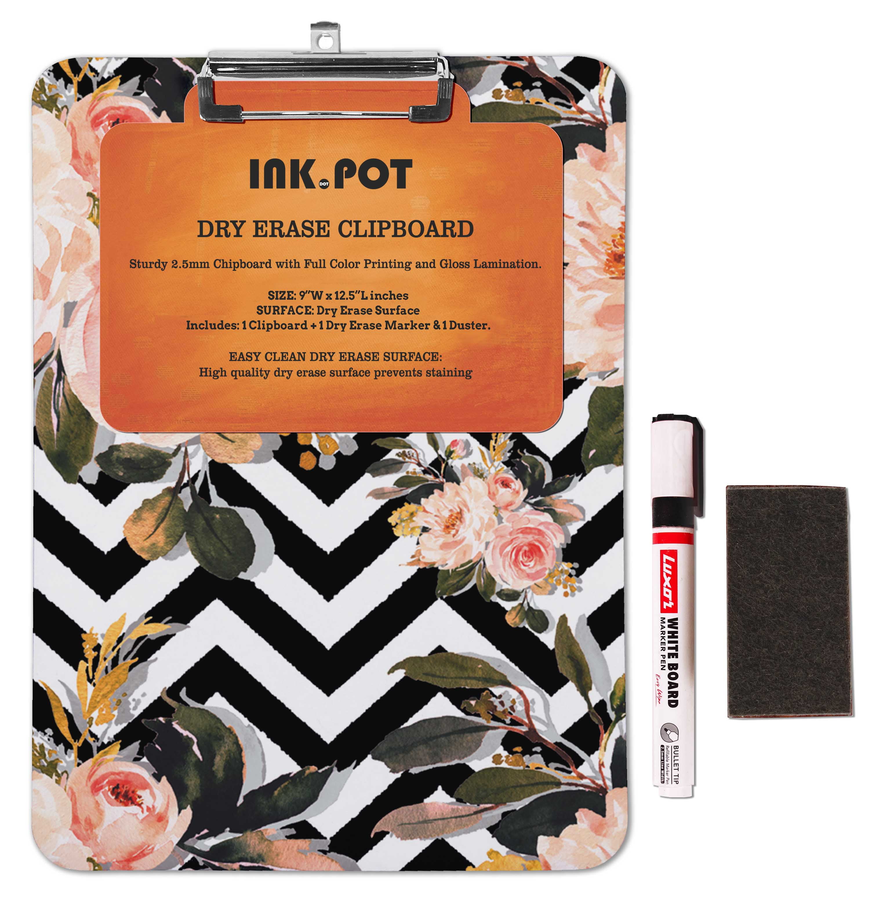 Inkdotpot Dry Erase Double Sided Clipboard Florals Printed Paperboard Clipboard With Free Marker & Duster