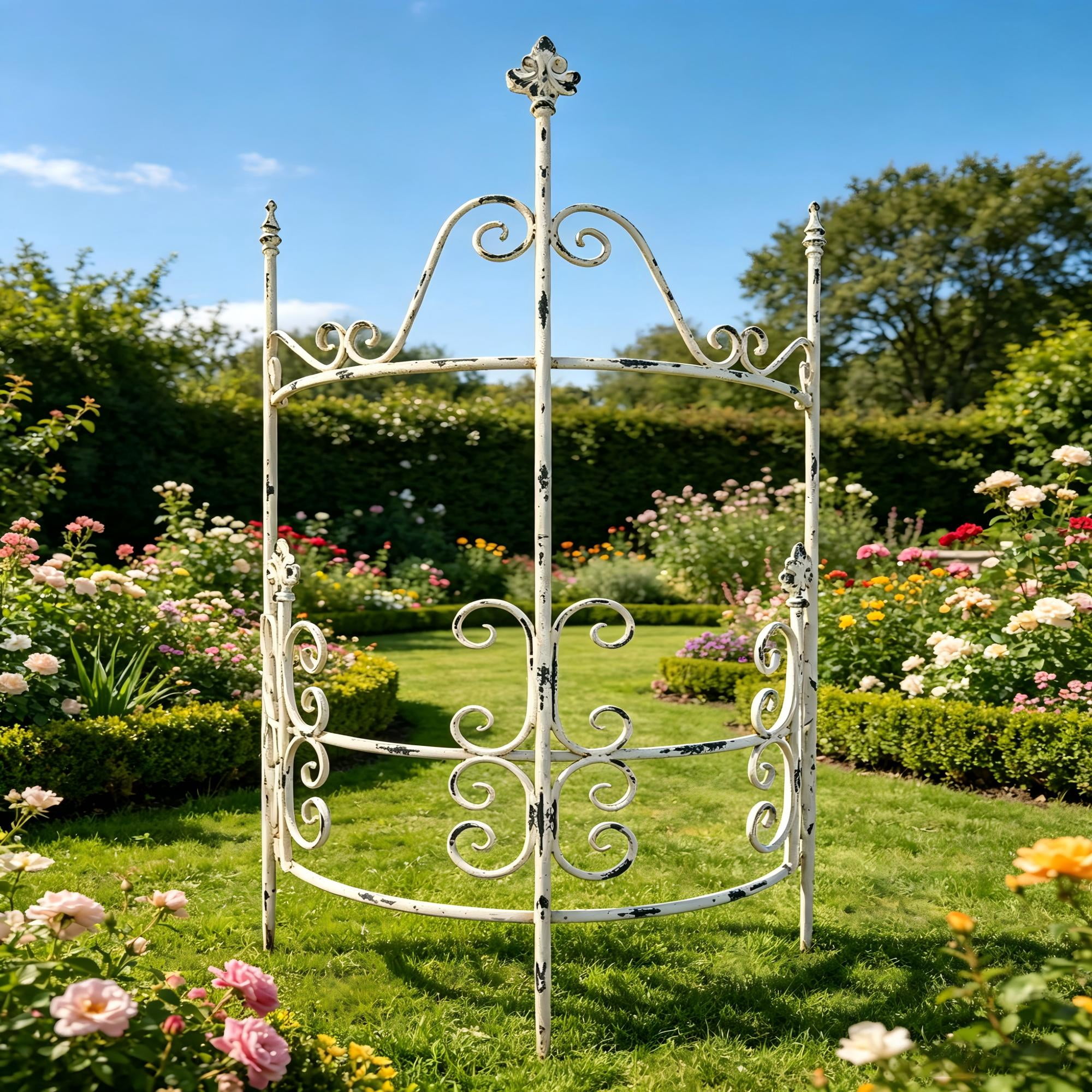 48.21"x27.16"Iron Garden Fence, Pretty Vintage White Rustic Style Decorative Fence Pannels, Outdoor Yard Landscape Pathway Border Panels Anti Animal Flowers Plants Barrier Climbing Trellis