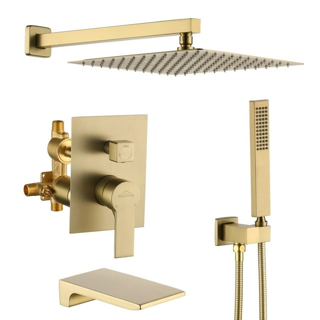 Boyel Living 3-Function Shower System with Waterfall Tub Spout and Handheld Shower Brushed Gold 12 in Square Wall Mount Shower Head with Pre-Embedded Valve