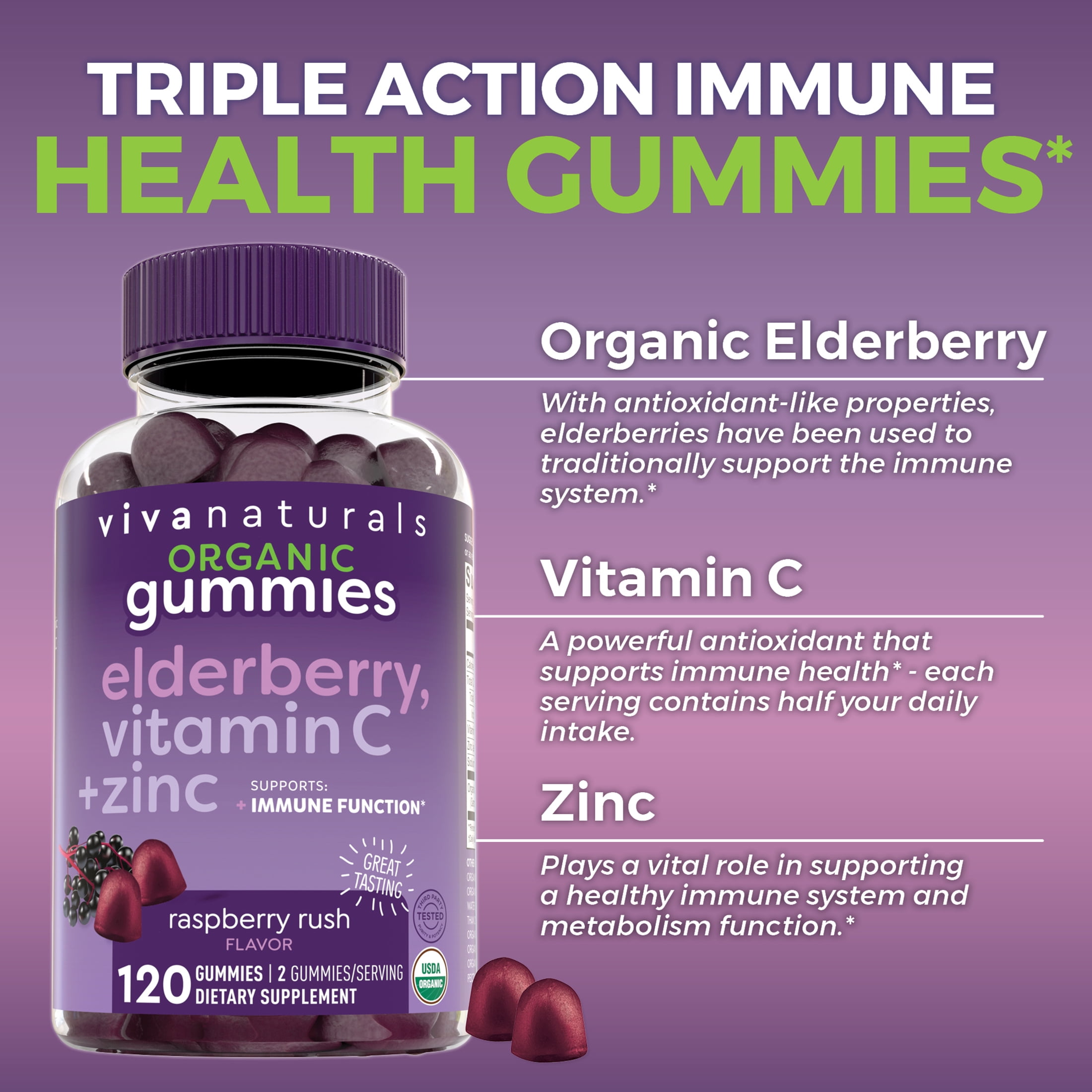 Viva Naturals Organic Elderberry, Vitamin C + Zinc Gummies, Raspberry Rush Flavor, 120 Gummies