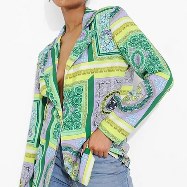 Blazer Décontracté pour Femmes Mi-Long Blouse Boutonnée Down Cardigan Ajusté Col en V Veste de Loisirs Imprimée Mode
