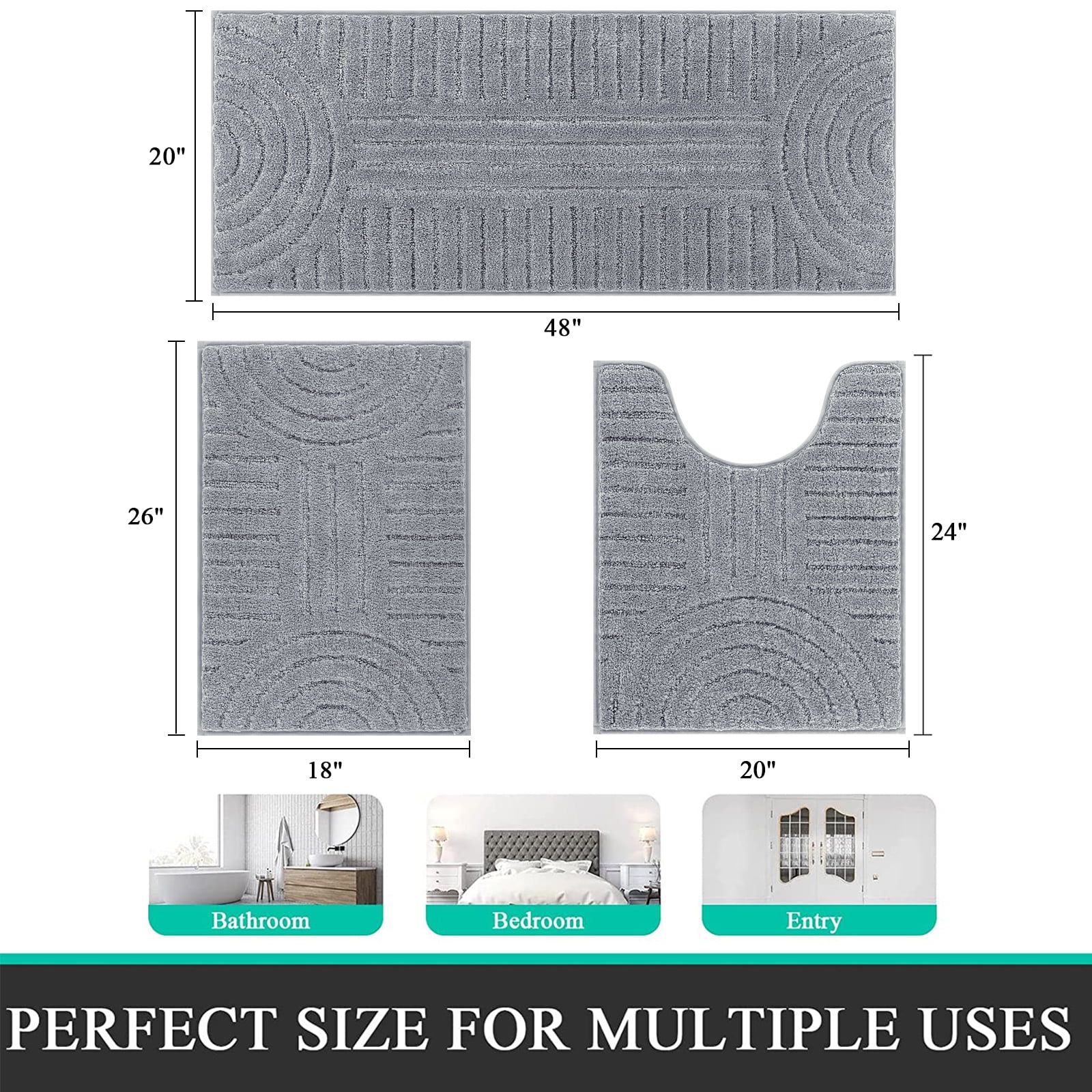 Bathroom Rugs Sets 3 Piece, Soft Absorbent Microfiber Bath Mats and U-Shaped Contour Toilet Rug, Plush Shaggy Bath Mat Set for Bathroom