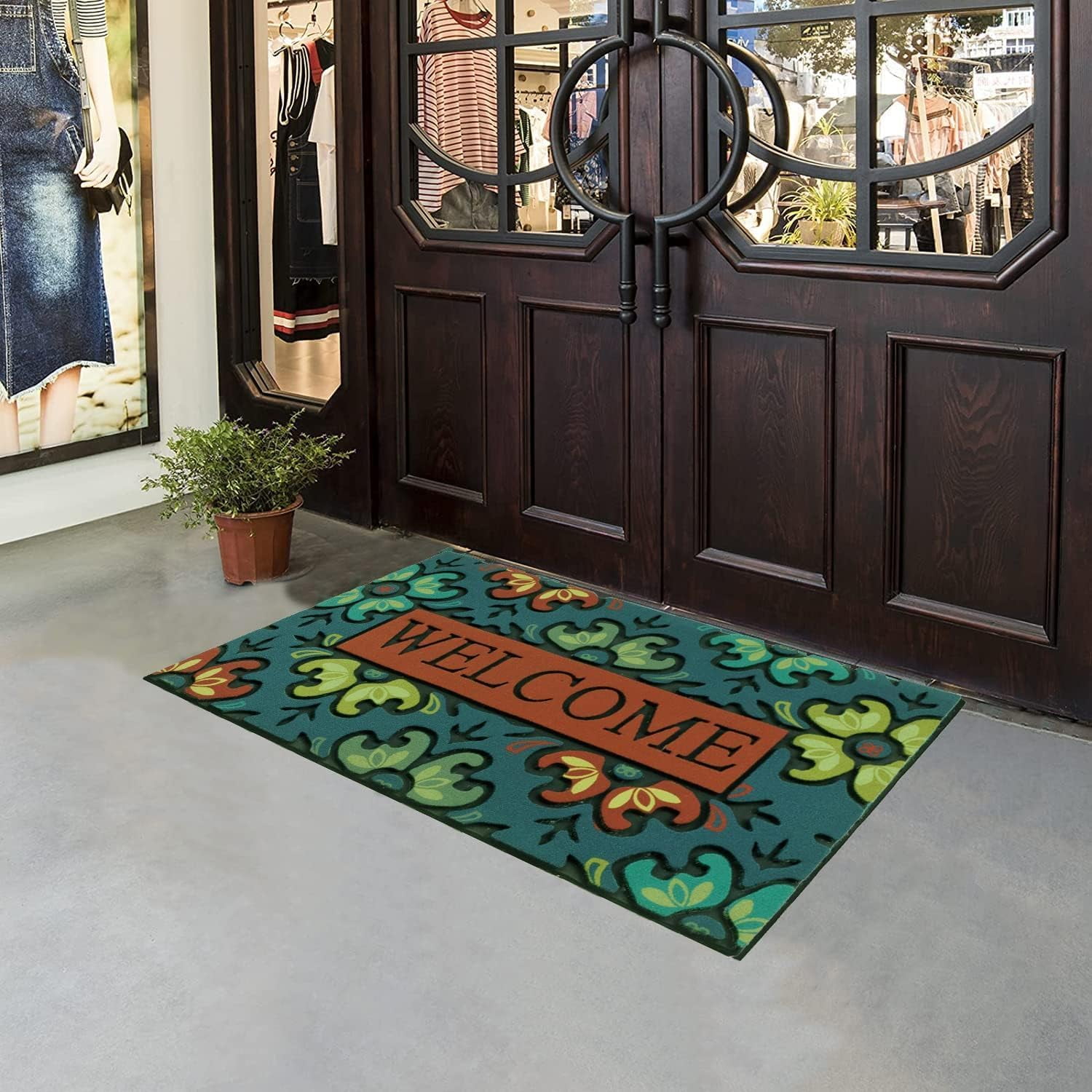 Door Mat Welcome Mat 18x 30 Inch Front Door Mat Outdoors for Home Entrance Outside Entry Way Doormat, Heavy Duty Non Slip Rubber Back Low Profile, Flower Welcome