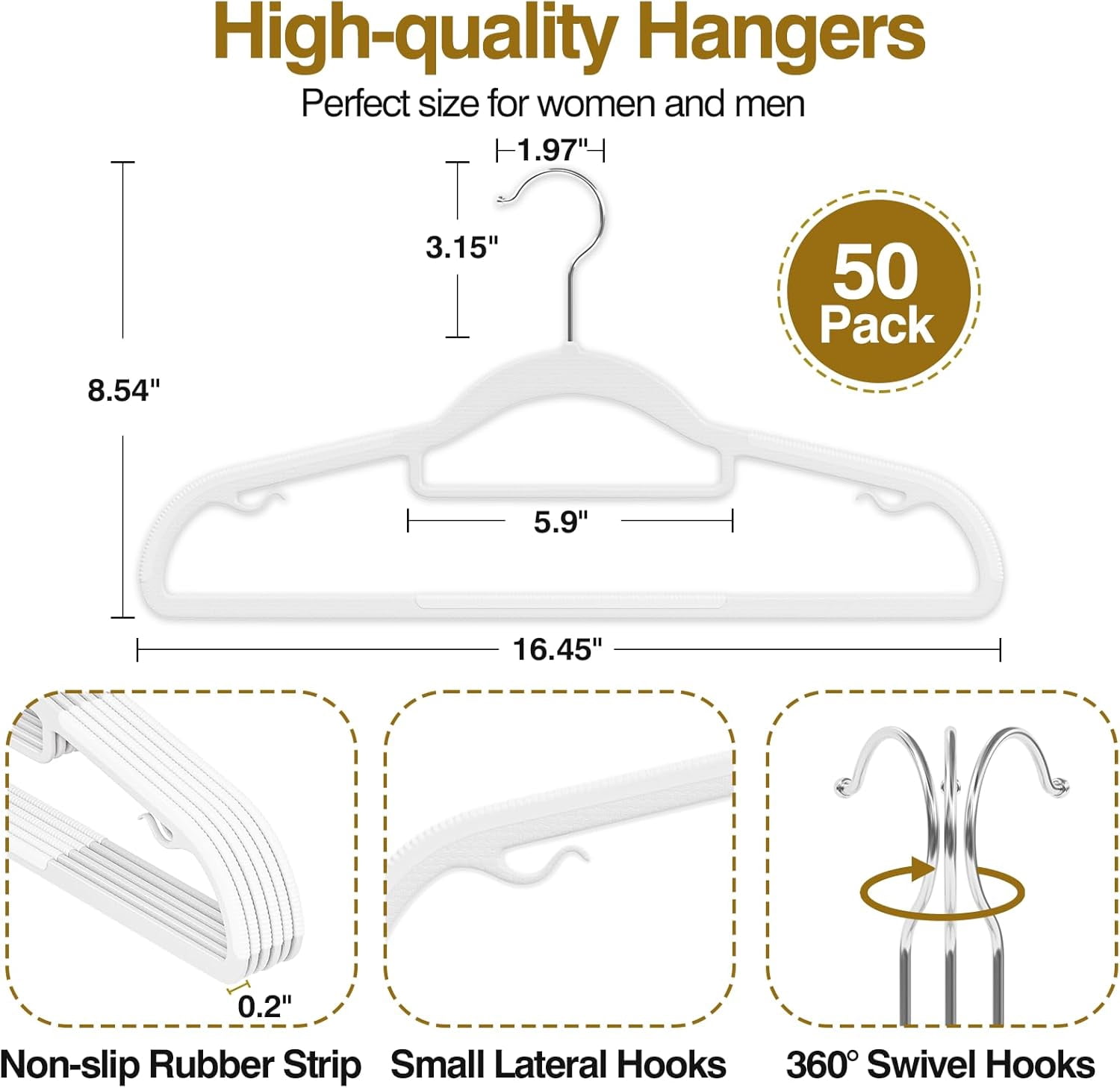 UEAKPIC Plastic Hangers 50 Pack, Heavy Duty Clothes Hangers with 360° Swivel Hook, Non-Slip, Space-Saving, White