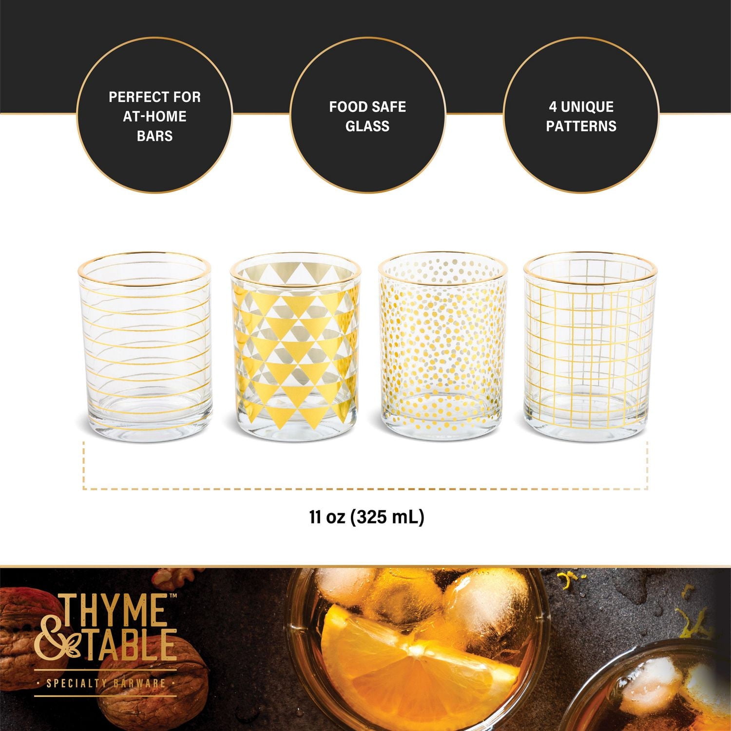 Verres à thym et pierres de table, 11 oz, ensemble de 4 pièces ustensiles de bar