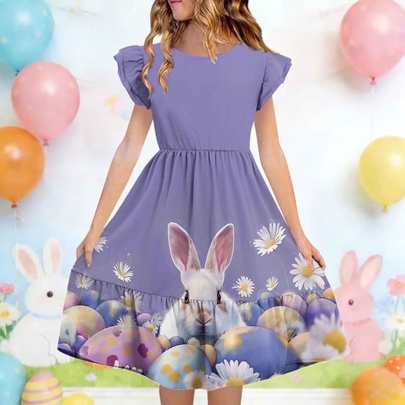 EGNMCR Short Sleeve Round-Neck Dress Children's Summer Printing Double-Layer Pleated Sleeve Dress For 5-14 Years Old Children Dress