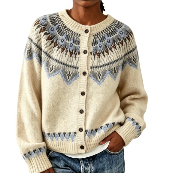 Textilo Women's Fair Isle Cardigan Long Sleeve Crew Neck Button Down Cardigan Sweaters Ribbed Knit Geometric Pattern Coats Cute Fashion Lightweight Y2k Loose Fit Outfits,Beige 3XL