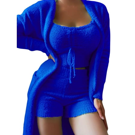 

Avamo Ladies Baggy Elastic Waist Sleepwear Long Sleeve Loose Nightwear Pjs Winter Warm Pajamas Sets With Pockets Blue 3XL