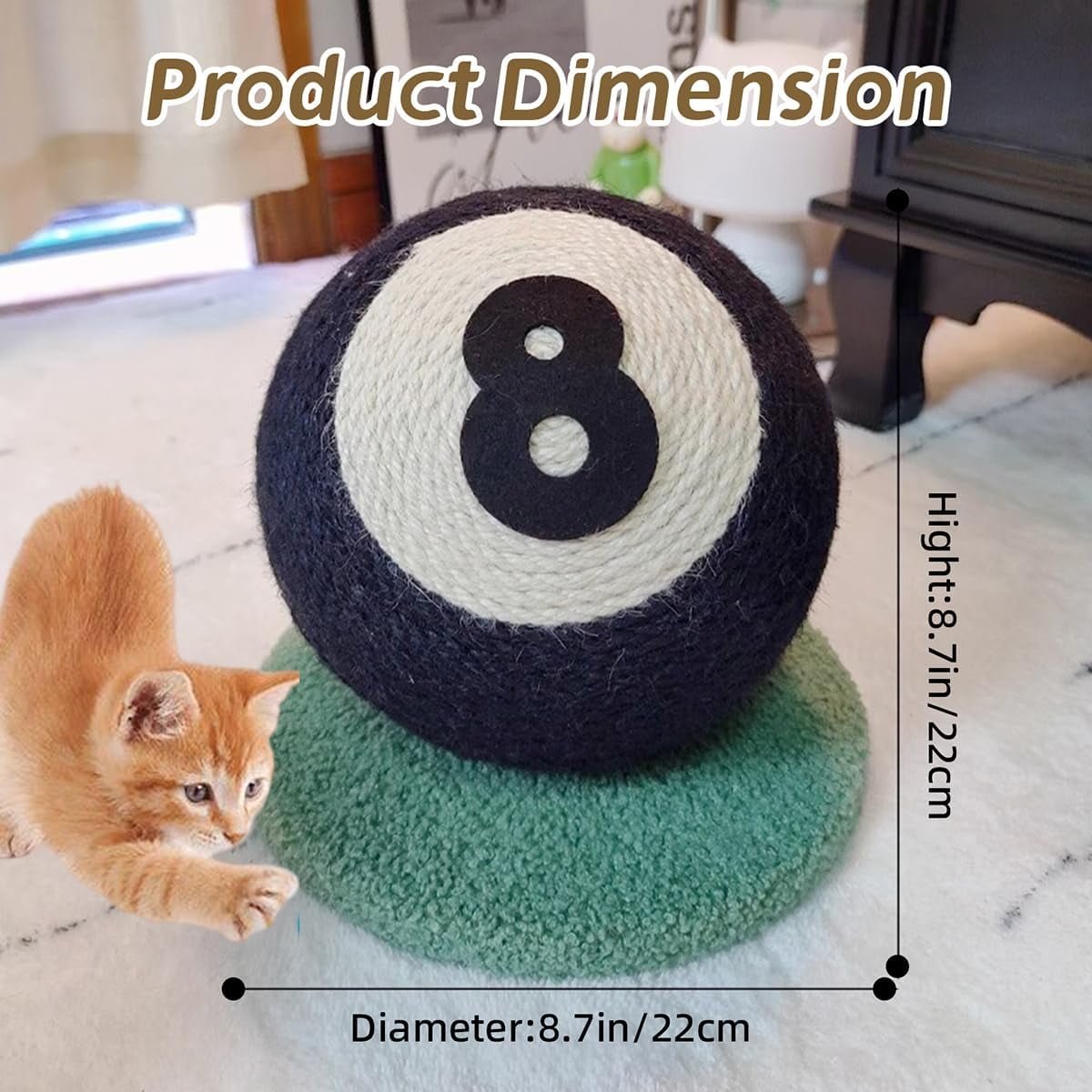 ShadeMart 8-Ball Billiard Style Cat Scratcher, Premium Natural Sisal Chew Toy for Cats & Kittens