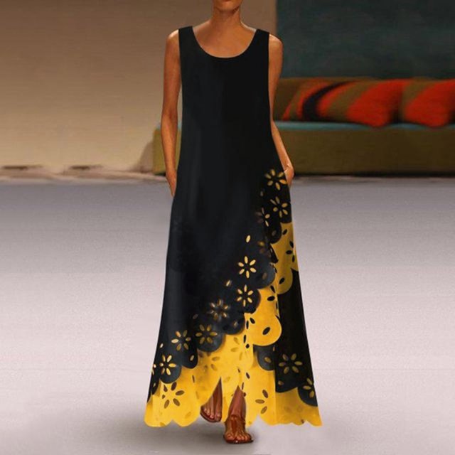 EGNMCR Robes d'Été Femmes Tendance 2024 Femmes Sans Manches Imprimé Col Rond Longue Robe Maxi Robe Chemise de Plage