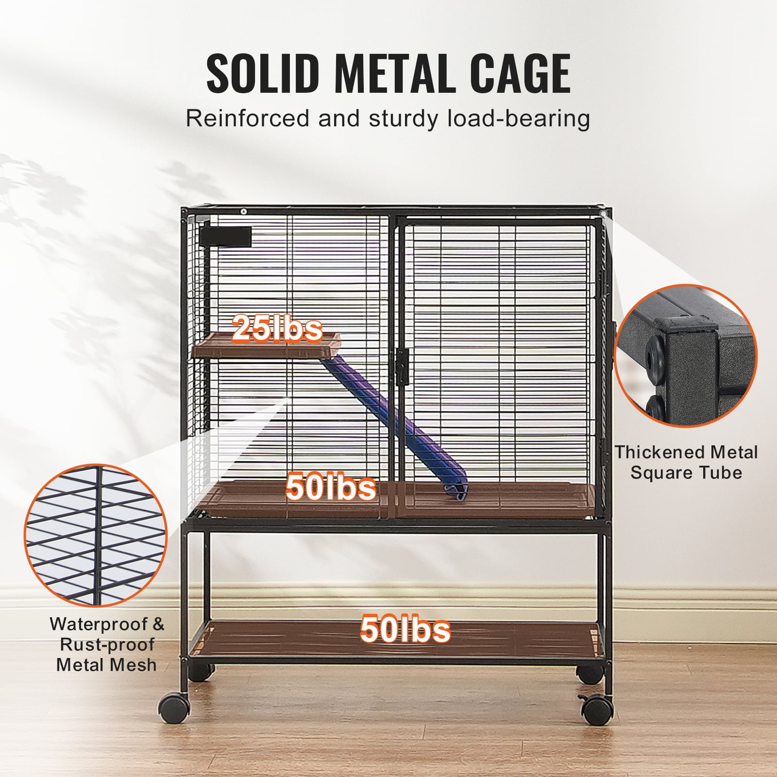 KFFKFF 36" Mobile Ferret Metal Enclosure, Spacious 2-Level Animal Cage with Wheels, Small Animal Critter House Habitat with Ramps & Tray, for Hamsters, Guinea Pigs, Chinchillas, Squirrels, Hedgehogs