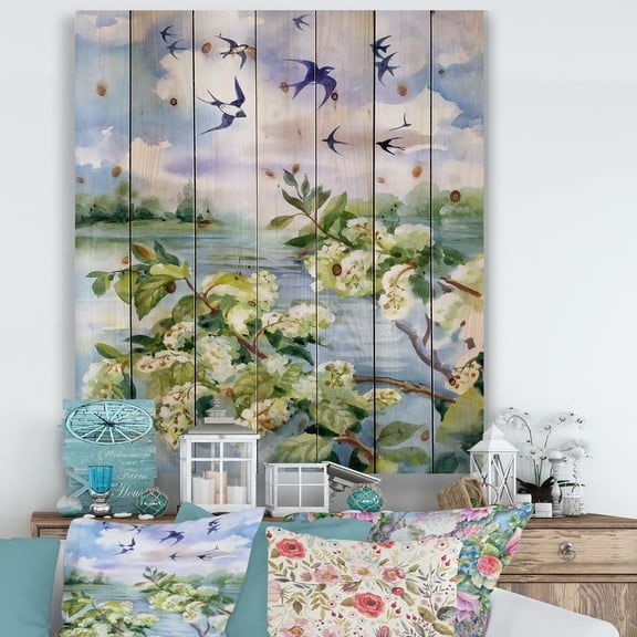 Designart 'Flowers of The Cherry Blossoms On A Spring Day Landscape' Traditional Print on Natural Pine Wood