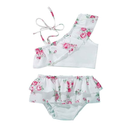 

Kids Baby Girls Two Piece Swimsuit Leopard Flower One-shoulder Camisole and Ruffles Triangle Shorts