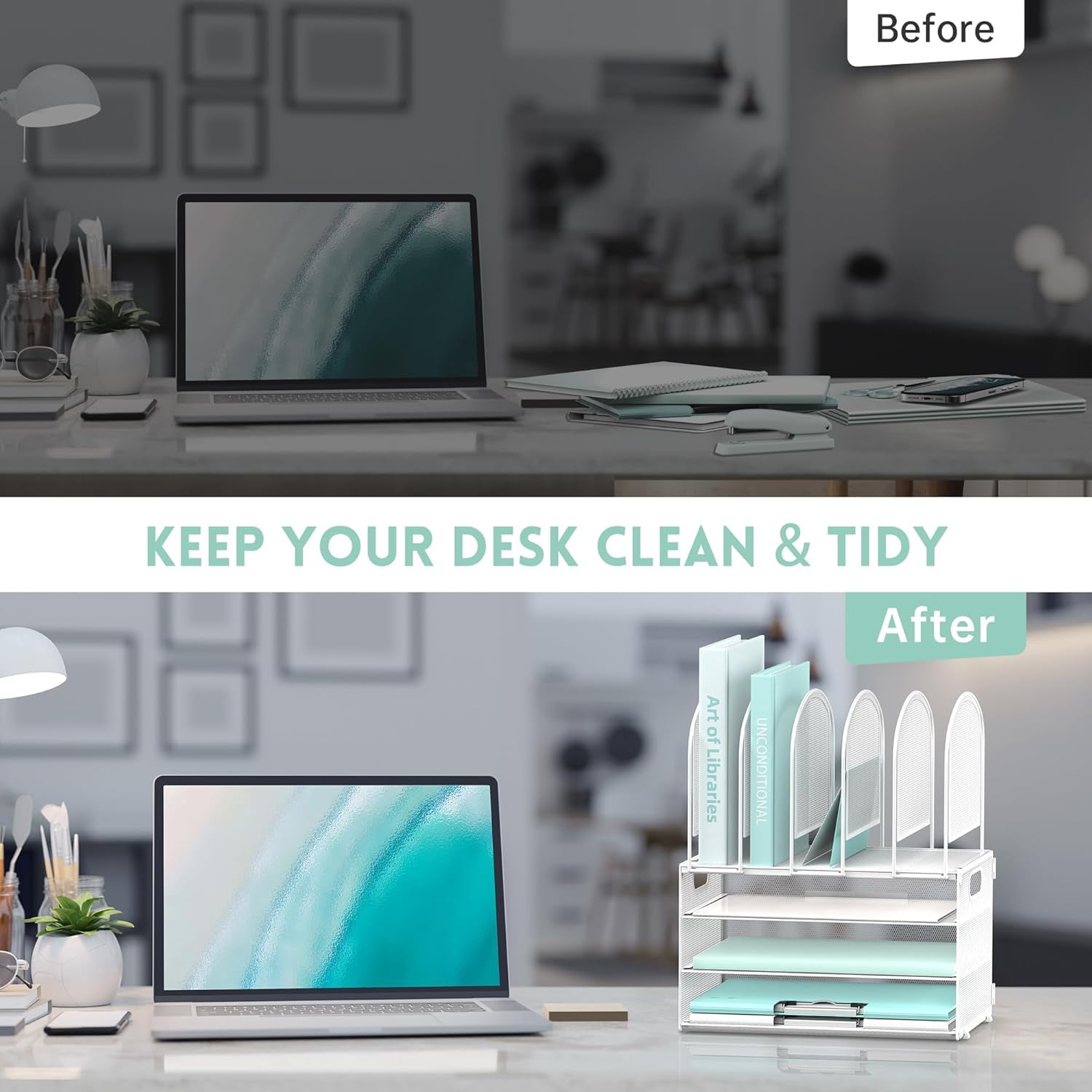 INTIGE Desk Organizer with Vertical File Holder, 3 Tier Desktop Organizer with 5 File Folder Holders and Handles, Metal Mesh File Organizers and Accessories for Home Office Organization