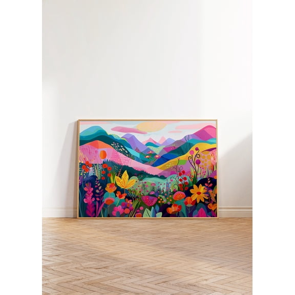 Vibrant Landscape Wall Art, Maximalist Floral Print, Abstract Colorful Mountain Decor, Acrylic Illustration Poster, Modern Scenery Patchwork Wall Art, Modern Wall Decor, 8x12 UNFRAMED