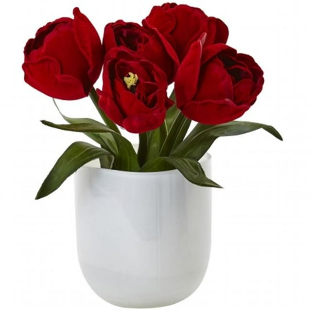 Tulipes avec Vase en Verre Blanc - Rouge