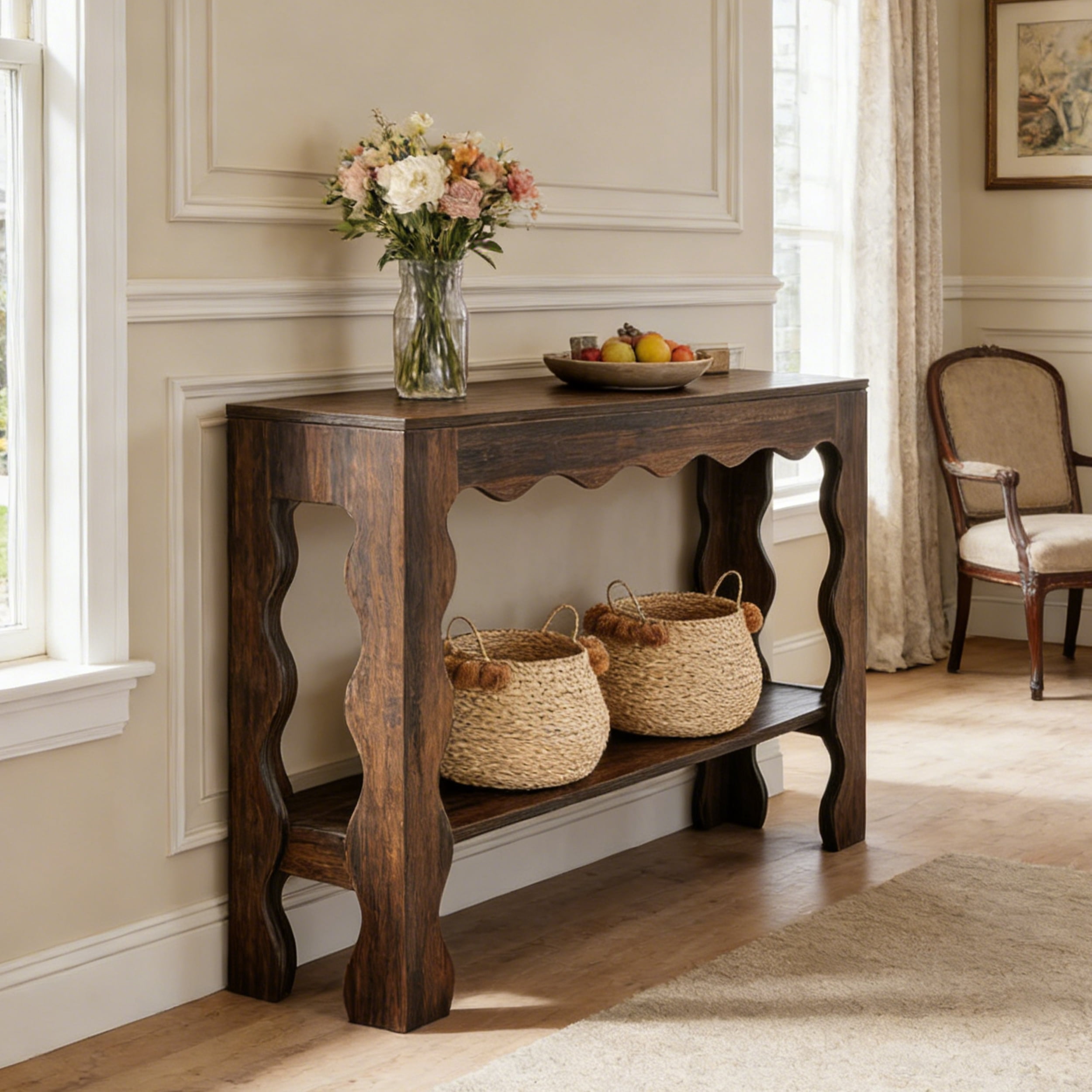 Fnova 63" Farmhouse Console Table with 2-Tier Storage Shelf, Scallop Design Entryway Table, Narrow Sofa Table for Living Room, Hallway, Foyer