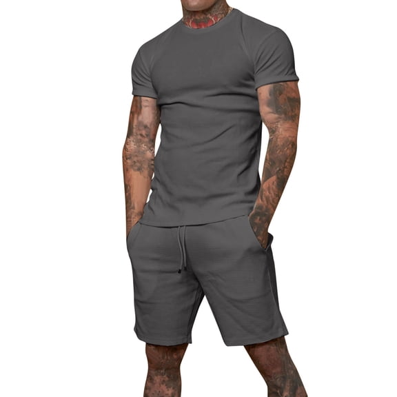 fartey Athletic Short Sets for Men 2 Piece Outfits Slim Fitted Solid Color Set Short Sleeved Top & Shorts Sets Lounge Workout Joggers Gym Tracksuits
