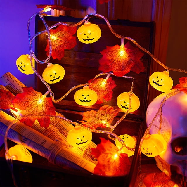 Cadena de luces de Halloween de plástico, decoraciones navideñas, cadena de luces de calabaza con hojas de arce, decoración navideña de Halloween para Acción de Gracias, cadena de luces que se puede u