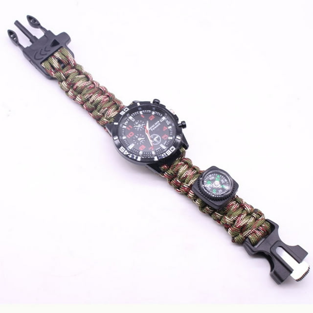 Reloj de supervivencia para acampar al aire libre, pulsera multifuncional, brújula, cuerda, silbato, pulsera de paracord, kit de herramientas
