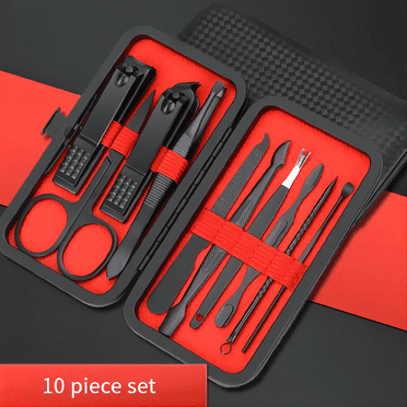 Dr.pedi 10-Piece Nail Clipper Set with Travel Case, Black Stainless Steel Clippers and Cuticle Nippers, Professional Grooming Kit for Home or Travel