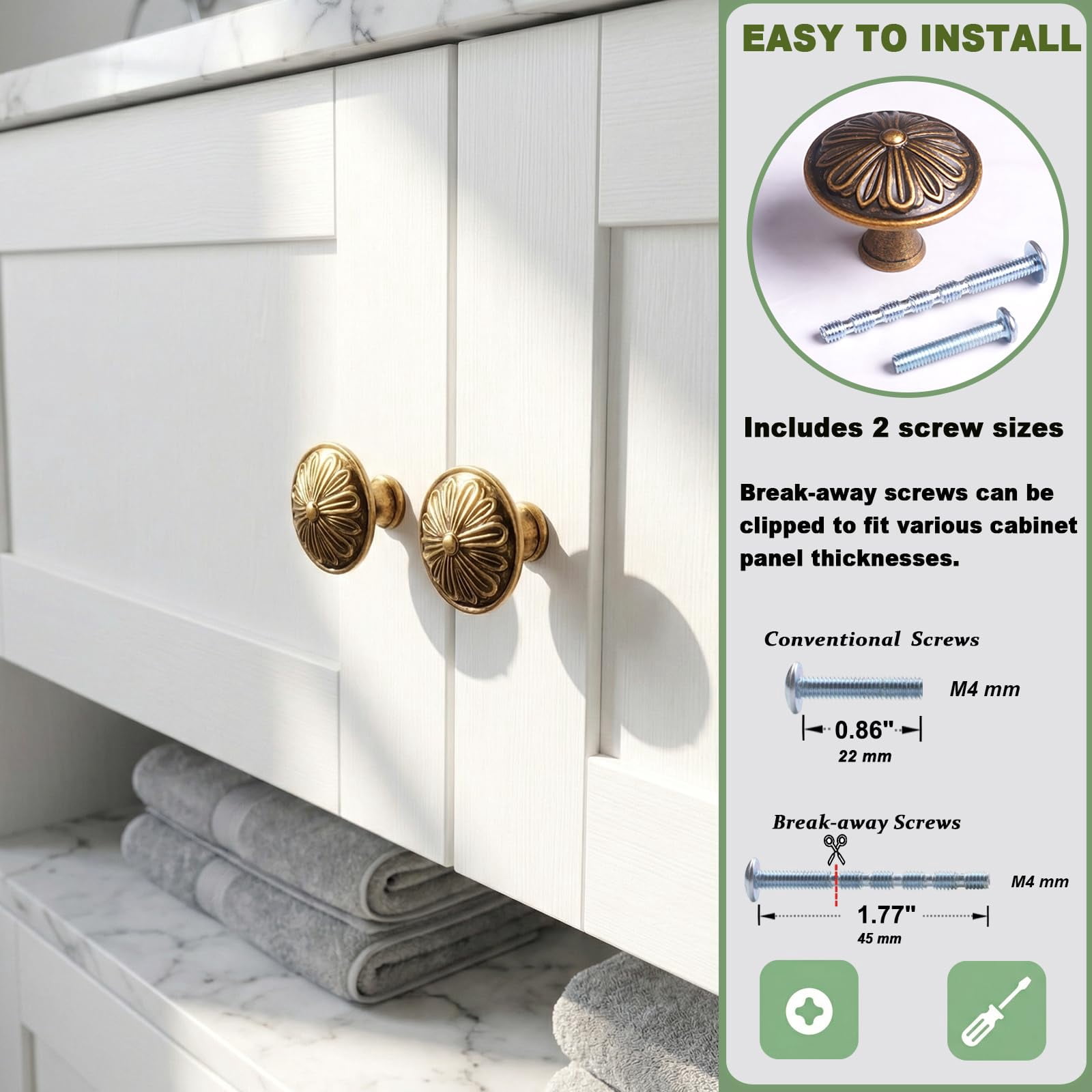 Antique Brass Cabinet Knobs Handles 10 Pack,Solid Zinc Alloy 1.4"Dia Round,Vintage Brass Kitchen Cabinet Handles for Cabinets and Drawers,Drawer Knobs Pulls Vintage Dresser Knobs Closet Door Knobs