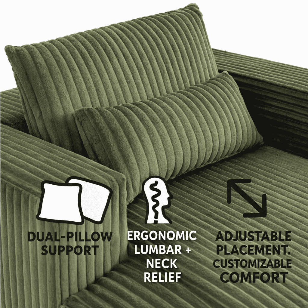 Miniyam Oversized Corduroy Chaise Lounge Sofa, Deep Seat Plush Couch with Pillows, Upholstered Floor Sofa, No Assembly for Living Room Bedroom, Green