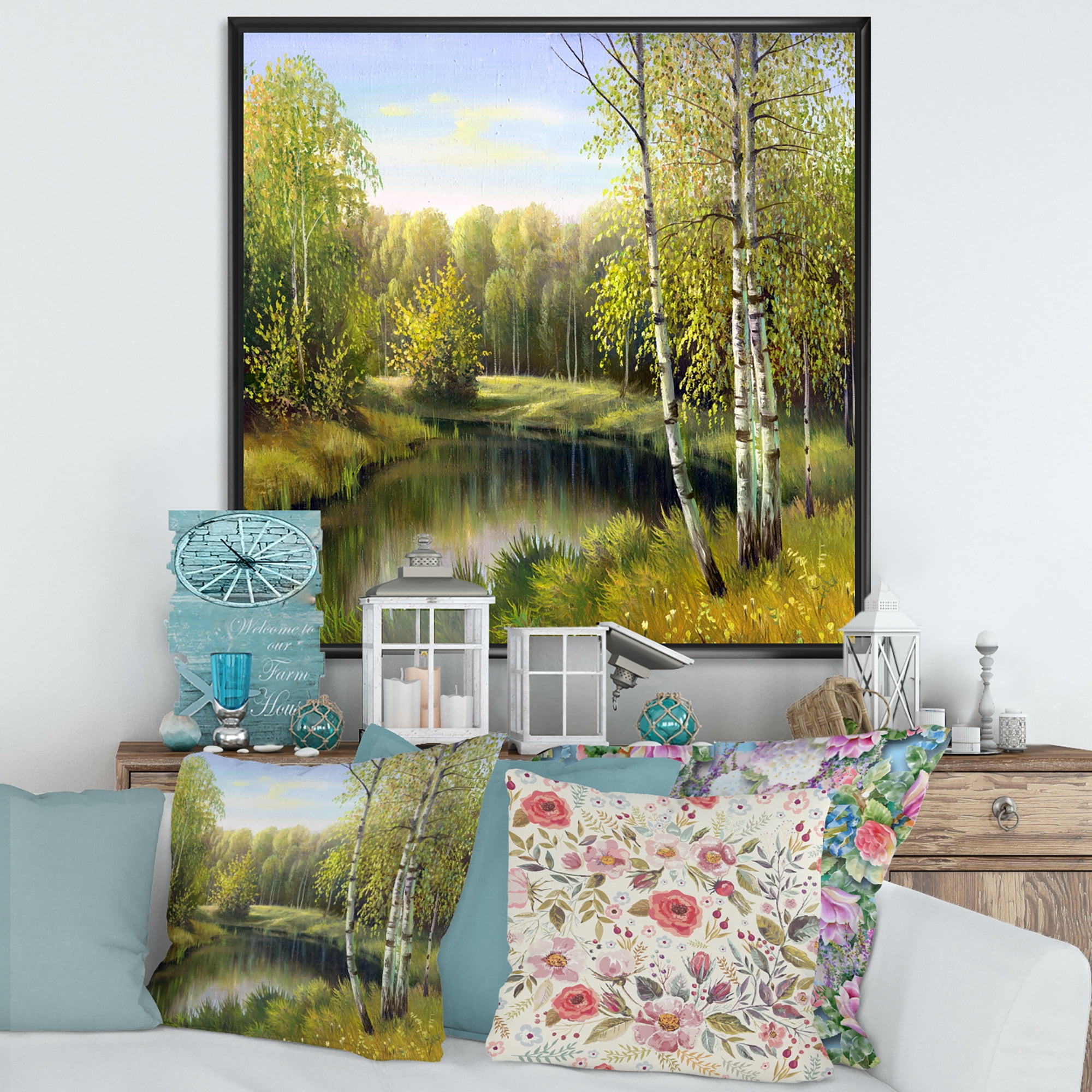 Designart 'The River In Silent Green Nature Through Birches' Traditional Framed Canvas Wall Art Print