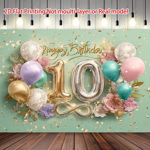 Green Happy 10th Birthday Backdrop Elegant Pink Purple Floral Happy Birthday Background Pastel Golden Balloons 10 Years Old Birthday Party Decorations Supplies Cake Table Banner Photo Booth Props