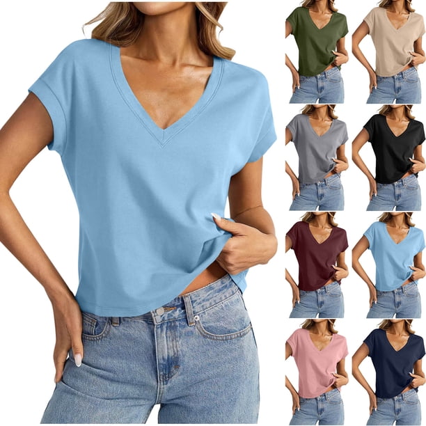 Top marrón,Blusa informal de manga corta con cuello en V para mujer, color liso, tejido suave y transpirable, cómoda para el hogar y el uso diario, sopatenor