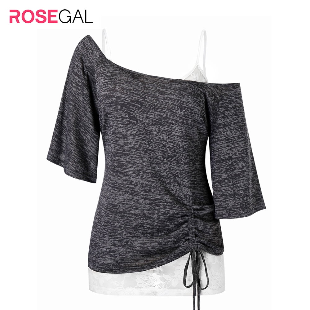 Rosegal Women's Plus Size Skew Collar Cinched Tee and Lace Cami Top Set -