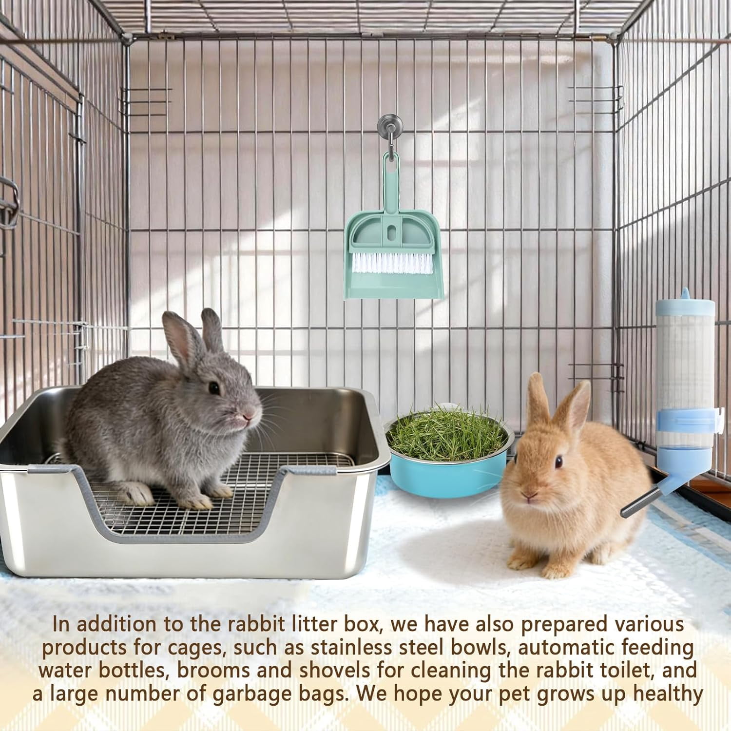 Large Rabbit Litter Box, Bunny Litter Box High Side with 304 Stainless Steel Sifting Tray, Metal Small Animal Litter Pan with Pet Food Bowl and Water Bottle, Non-Slip Easy to Clean Odor Control