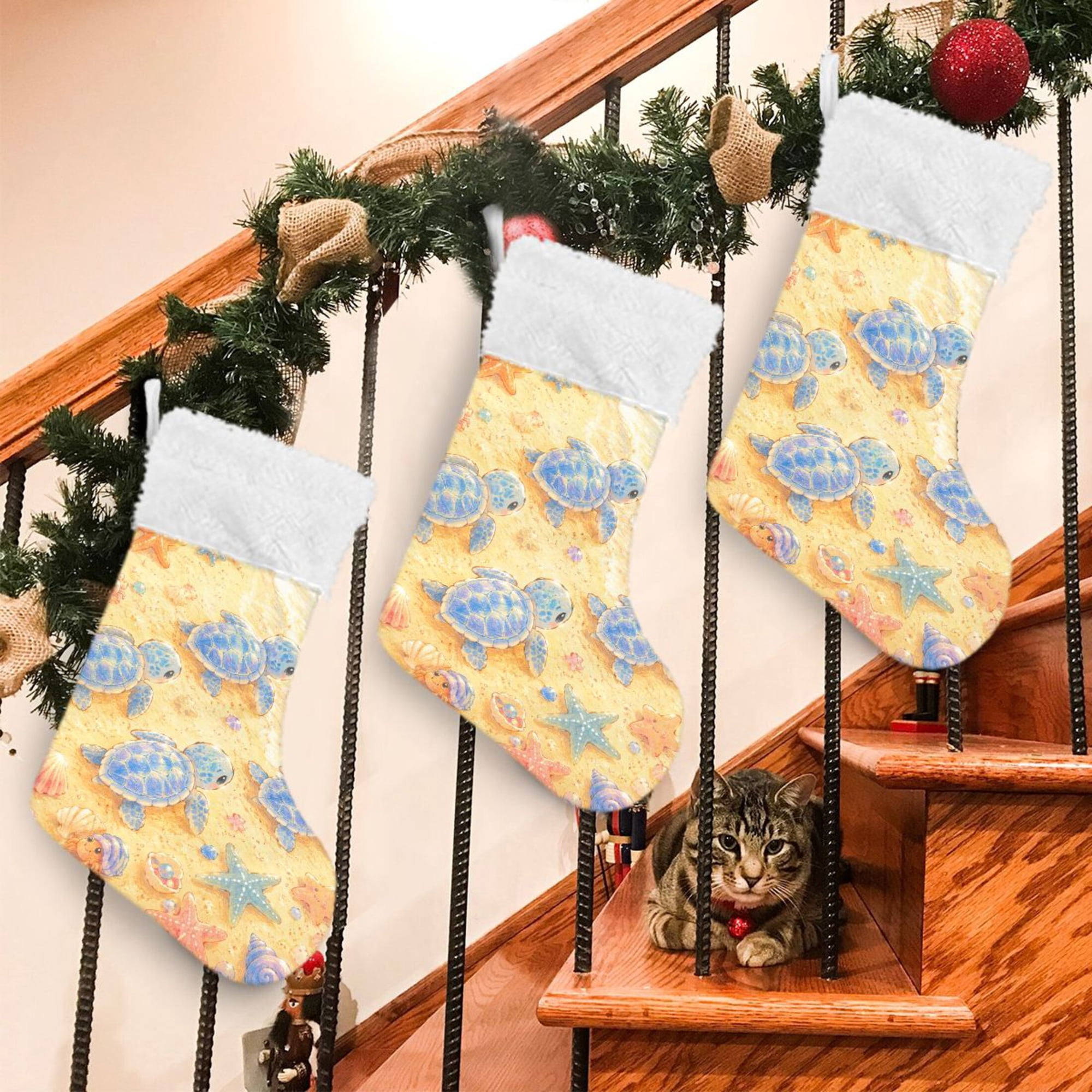 RMDQTR 2Pack Christmas Stockings for Xmas Gifts - Large Size Festive Holiday Decor for Family Baby Sea Turtle Beach Art